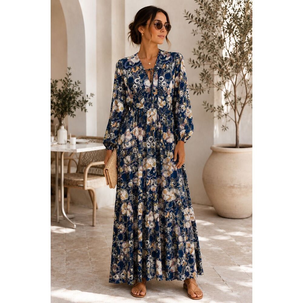 NWT See by Chloé Celestial Print Boho Maxi Dress Multicolor Blue  EU36 US 4